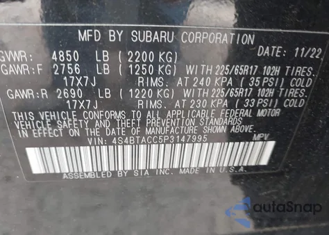 2023 Subaru Outback Premium from USA, damaged, VIN 4S4BTACC5P3147995
